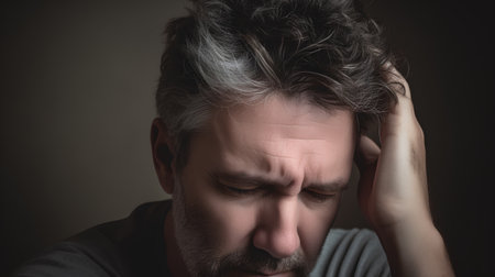 Portrait of a man suffering from a headache on a dark backgroundの素材