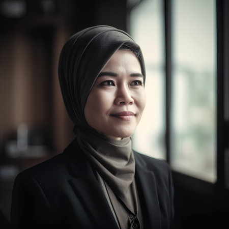 Portrait of muslim businesswoman with hijab smiling at the cameraの素材
