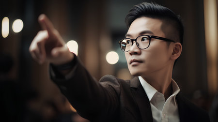 young asian man pointing to something in a cafe, business conceptの素材