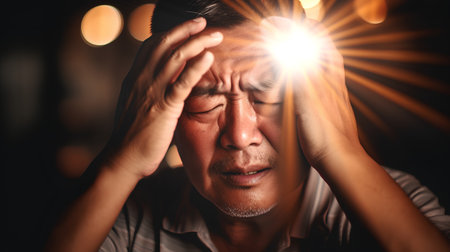Asian man suffering from headache in dark room with light flare effect.の素材