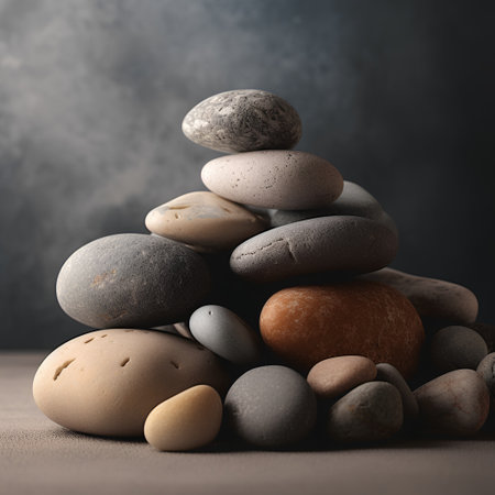 Pyramid of pebbles on dark background. Zen concept.の素材