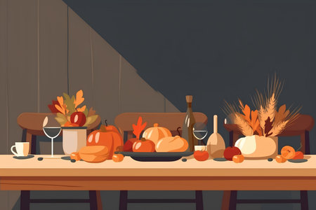 Thanksgiving dinner table with roasted turkey, pumpkins, wine, bread, apples and crockery. Vector illustration.の素材