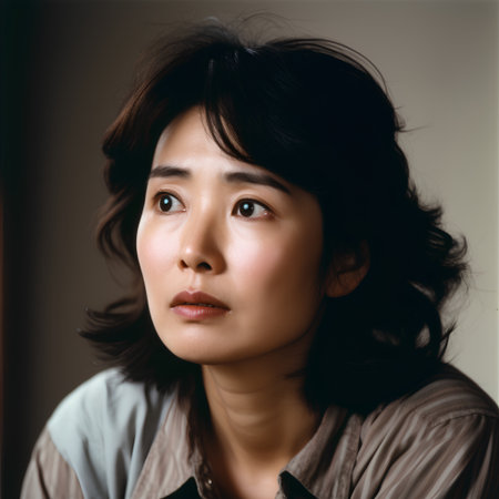 Portrait of a beautiful asian woman with dark hair looking at cameraの素材