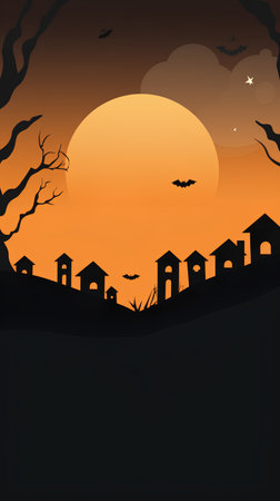Halloween night background with haunted house and bats. Vector illustration.の素材