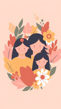 Vector illustration of happy mother's day card with cute little girls.の素材