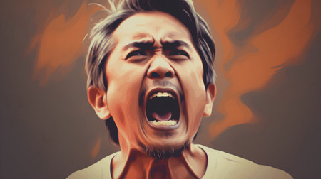Portrait of a furious man screaming in rage. Vector illustration.の素材
