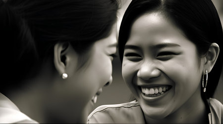 Beautiful asian woman smiling and laughing, black and white toneの素材