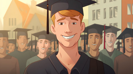 Graduate man in cap and gown standing in front of crowd of graduates. Vector illustrationの素材
