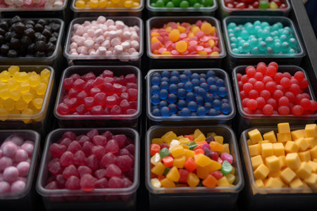 Assorted colorful candies in plastic box. Selective focus.の素材
