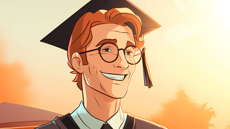 Vector illustration of a happy man in graduation cap and eyeglassesの素材