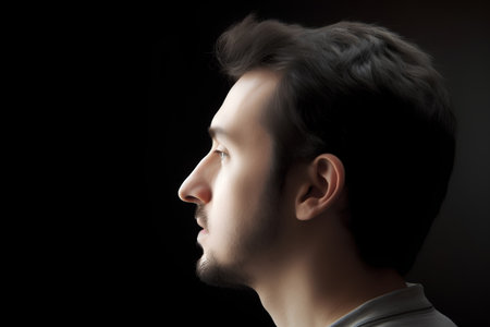 Profile portrait of a young man on a dark background. Close-up.の素材