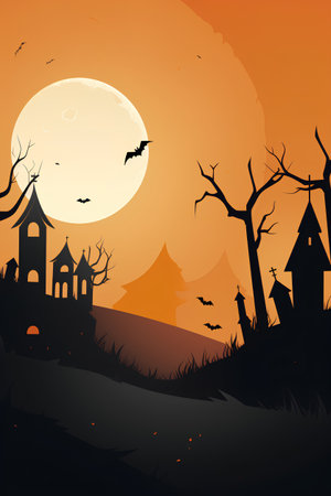 Halloween background with castle, bats and graveyard. Vector illustration.の素材