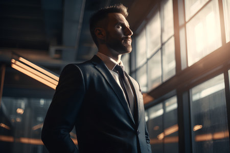 Portrait of a handsome young man in a suit standing in officeの素材