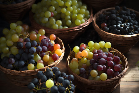Colorful grapes in a basket on a wooden table. Selective focus.の素材