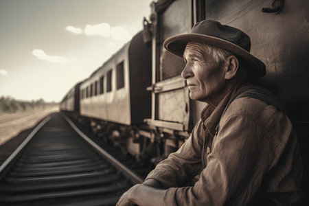 Old man with hat and jacket waiting for train at railway station.の素材