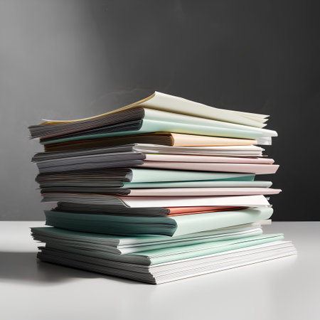 Stack of documents on white table with black background. 3d renderの素材