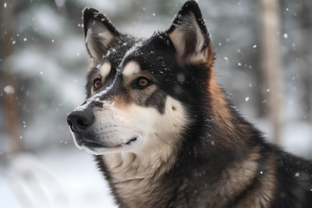 Portrait of Alaskan Malamute in the snowy forestの素材