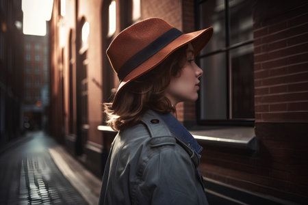 Side view portrait of a young woman in a hat on the street.の素材