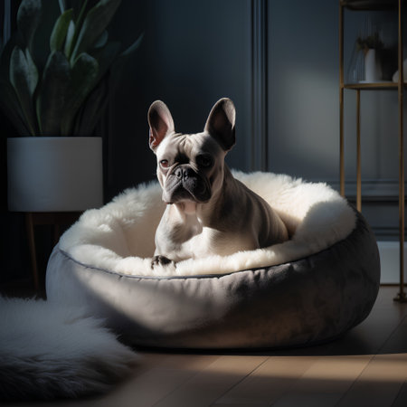 Cute french bulldog sitting on a beanbag chair at homeの素材