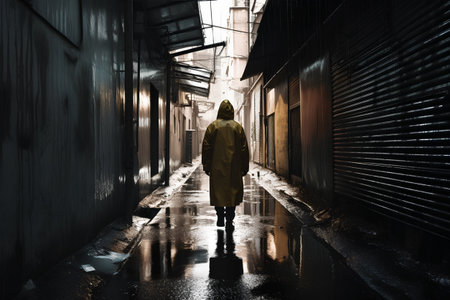 Woman in raincoat and raincoat walking in a wet alley.の素材