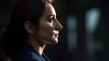 Side view portrait of a young businesswoman in a dark office.の素材