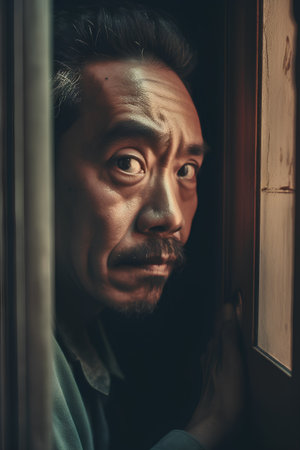 Portrait of Asian senior man looking through the window at home.の素材