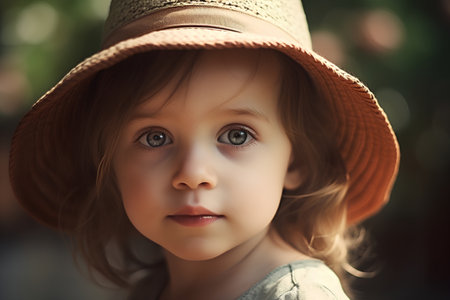 Portrait of a beautiful little girl in a hat on a summer day.の素材