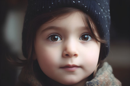 Portrait of a cute little girl in a warm sweater and hatの素材