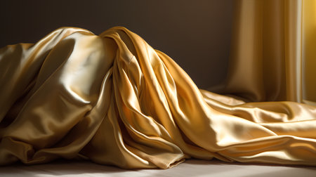Golden satin fabric on a background of yellow drapery.の素材