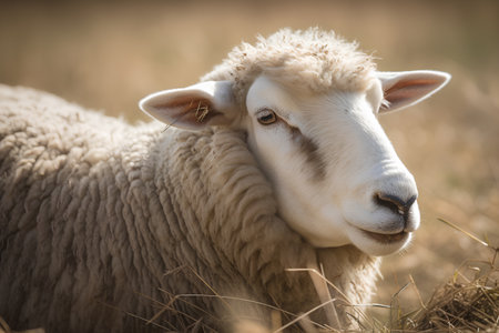 Sheep in the meadow. Close-up portrait of a sheepの素材