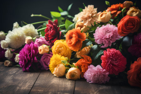 Bouquet of colorful flowers on a wooden table. Floral backgroundの素材