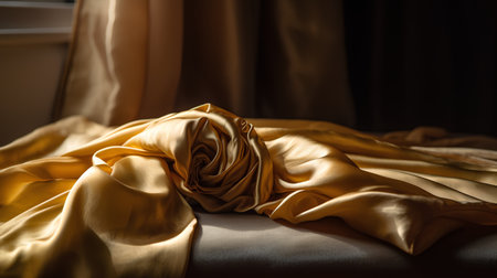 Luxury golden silk drapery on the bed in the bedroomの素材