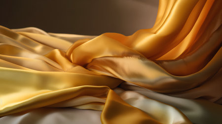 Yellow satin fabric texture background. Close up of rippled golden silk fabric.の素材