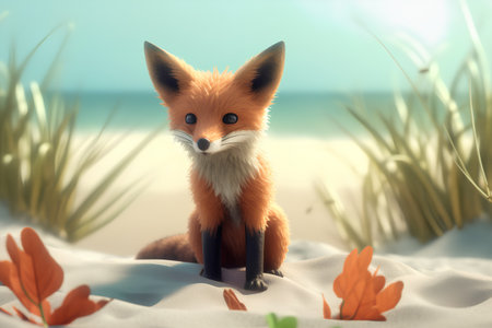 Red fox sitting on the sand at the beach, 3d illustrationの素材