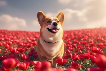 Welsh Corgi Pembroke in a field of red tulipsの素材