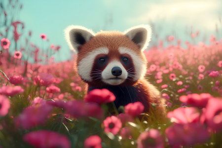 Red panda in the flower meadow. 3d illustration.の素材
