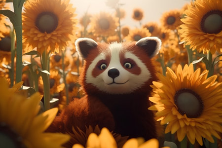 Red panda in sunflower field, 3d render, soft focusの素材