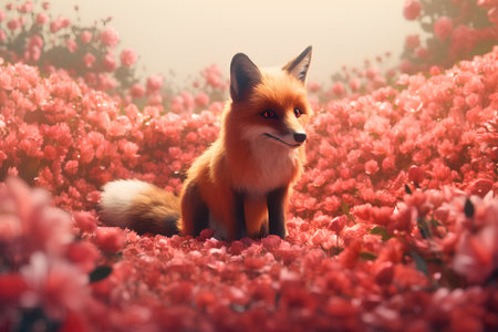 Red fox sitting in the pink flowers. Vintage toned illustration.の素材