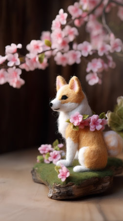 Cute shiba inu puppy with cherry blossom on wooden backgroundの素材