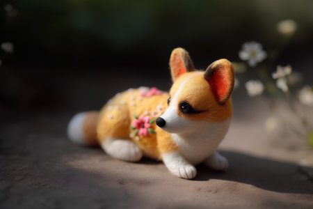 Welsh Corgi dog toy with flowers on the ground.の素材
