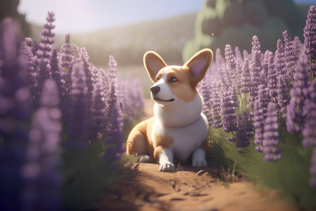 Welsh Corgi dog sitting in lavender field at sunsetの素材