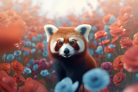 Red panda in a field of poppies. 3d renderの素材