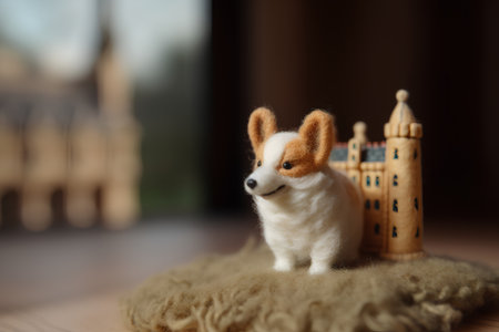 Miniature toy dog on the background of the castle. Selective focus.の素材