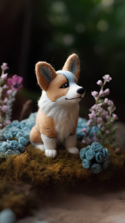 Cute little corgi puppy sitting on green moss and flowers.の素材