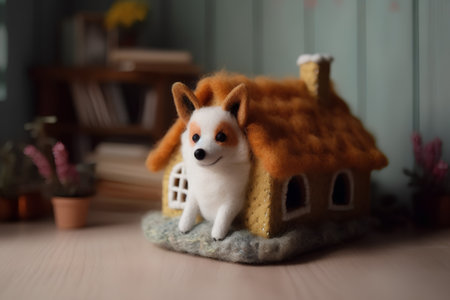 Cute dog in a toy house on a wooden floor, selective focusの素材