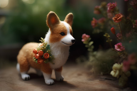 Welsh Corgi dog with a wreath of flowers.の素材