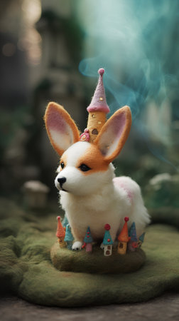 Cute little dog in a unicorn costume with a magic wand.の素材