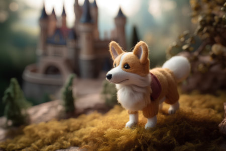 Welsh Corgi toy on the background of a fantasy castleの素材