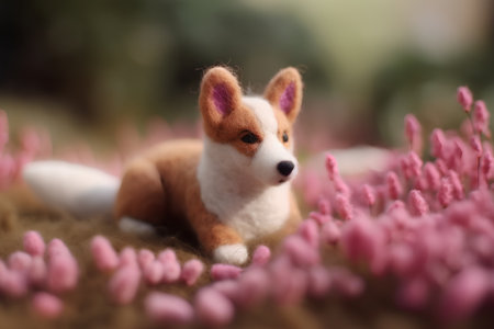 Puppy of the Welsh Corgi in the pink heatherの素材