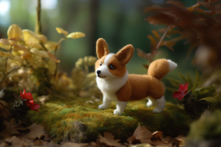 Welsh Corgi puppy in autumn forest, soft focus imageの素材